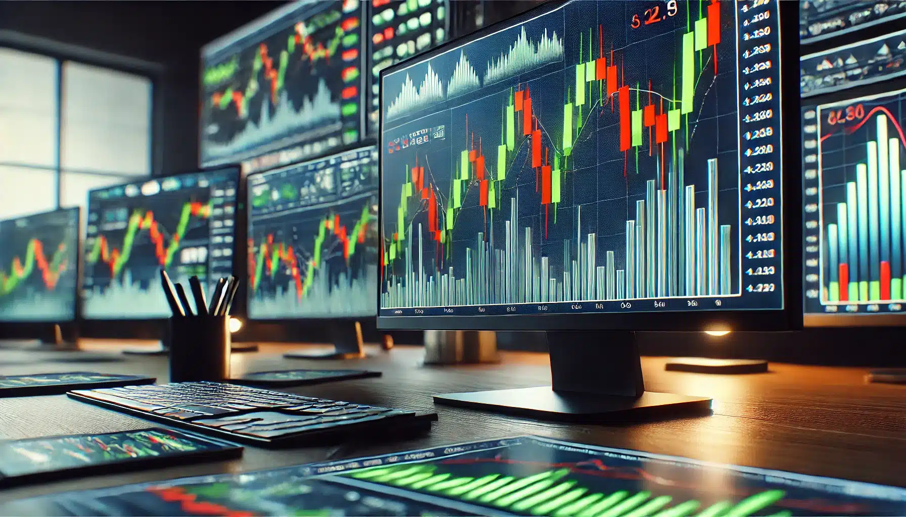 DALL·E 2025 03 09 15.58.57 A realistic photo depicting multiple computer screens displaying detailed candlestick charts commonly used in trading. The screens feature green and